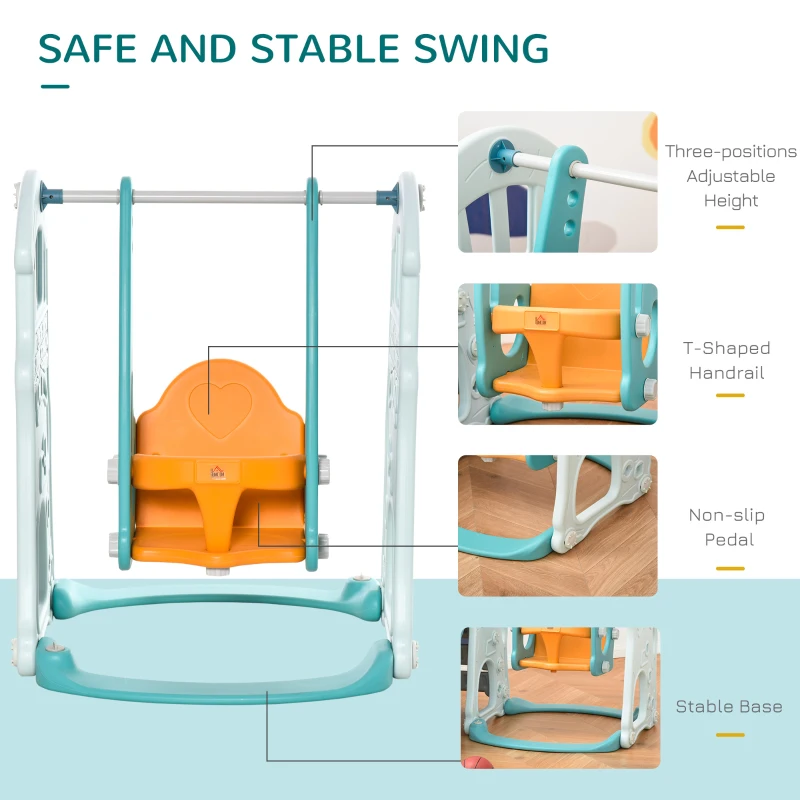 HOMCOM 3 in 1 Kids Slide and Swing Set Playset Activity Center with Basketball Hoop Adjustable Height Water-fillable Base Climber Indoor Outdoor Exercise Toy