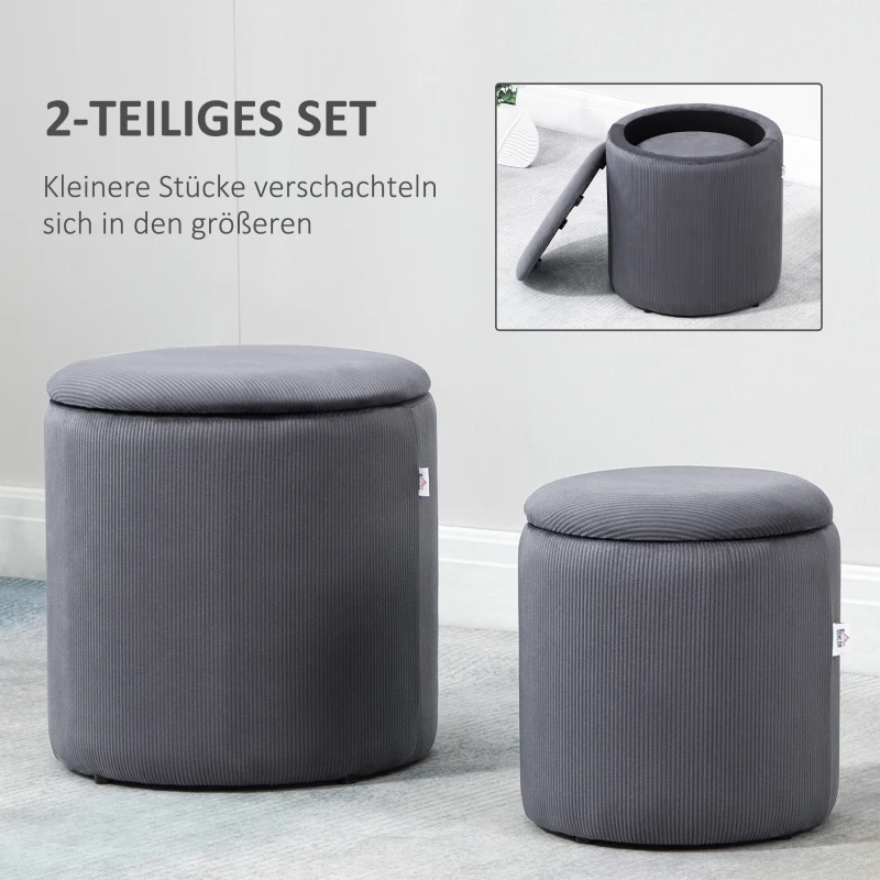 HOMCOM Hocker Ottomane, Zweier-Set, mit Stauraum, weiche Polsterung, Bezug in Cordoptik, Grau, 40 x 40 x 41cm