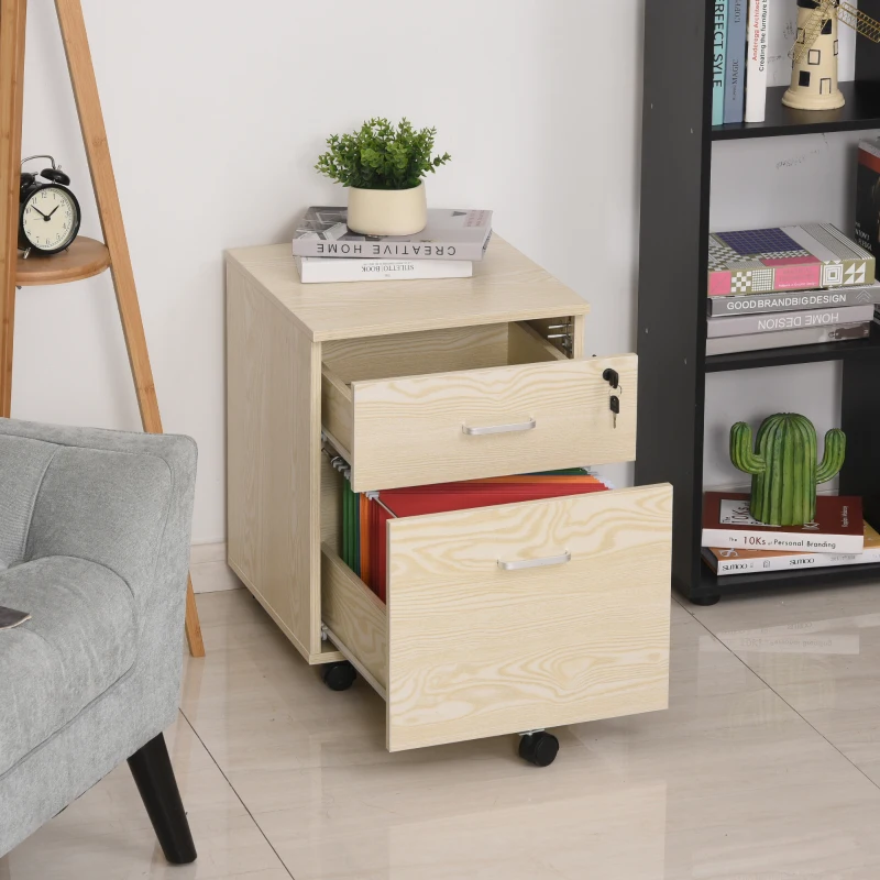 Vinsetto 2-Drawer Locking Office Filing Cabinet w/ 5 Wheels Rolling Storage Hanging Legal Letter Files Cupboard Home Organisation Oak Wood Grain