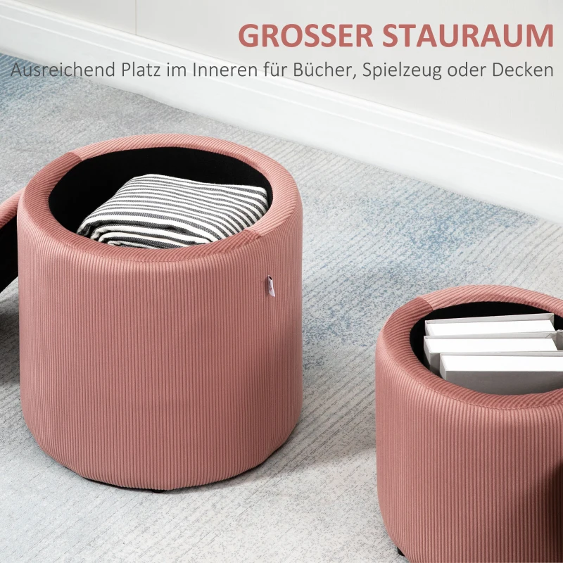 HOMCOM Hocker Ottomane, Zweier-Set, mit Stauraum, weiche Polsterung, Bezug in Cordoptik, Rosa, 40 x 40 x 41cm