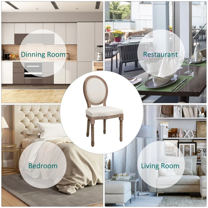 Homcom Set de 2 Scaune Medalion Captusite din Lemn cu Invelis din In Alb Ivory