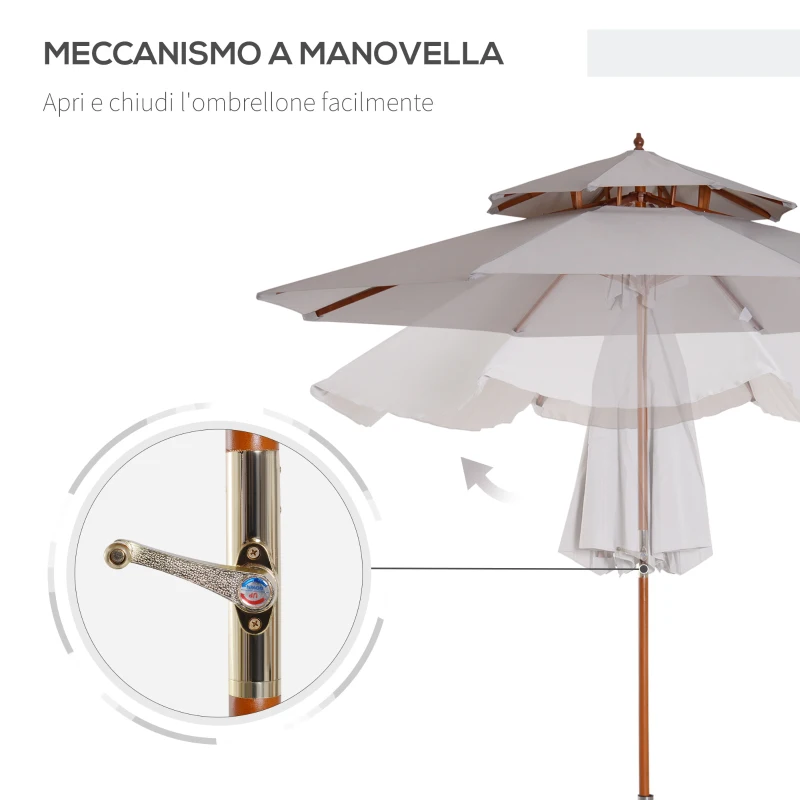 Outsunny Ombrellone Impermeabile Rotondo con Palo Centrale e Camino Antivento, in Legno e Poliestere Grigio, Ø265x264cm