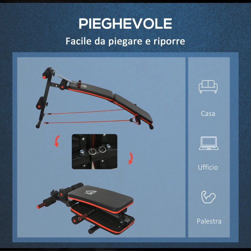 HOMCOM Panca per Addominali Pieghevole e Regolabile con Vogatore e 2 Corde, in Acciaio 51x137x50-66 cm, Nera e Rossa