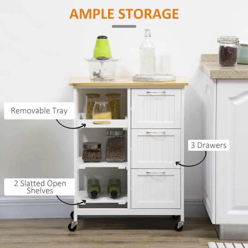 HOMCOM Carucior de bucatarie cu 3 sertare, 2 rafturi deschise si tava detasabila, din MDF si lemn de pin, 67x37x84cm, culoare lemn si alb