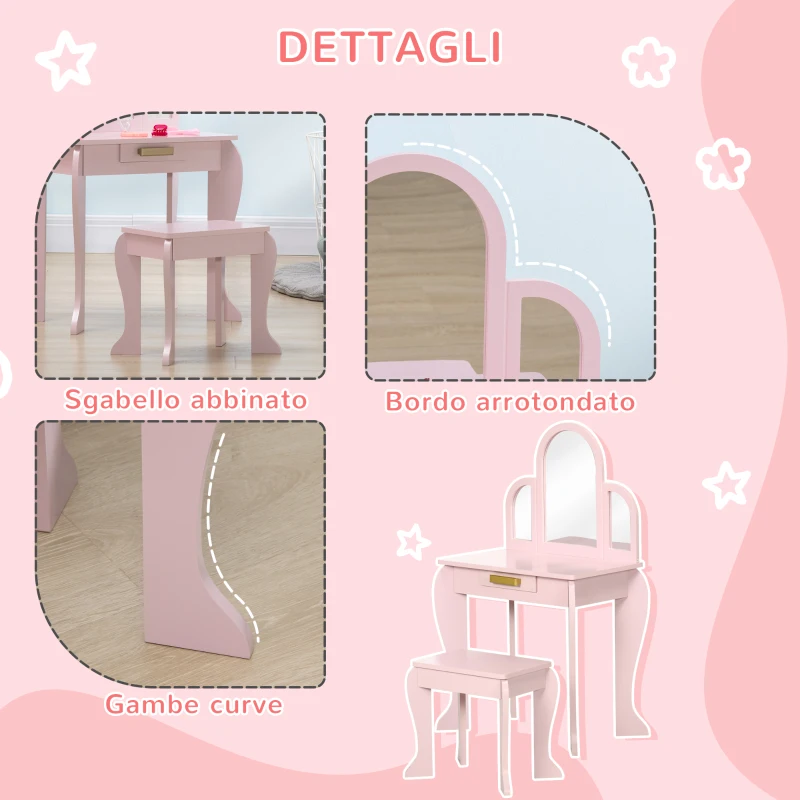 HOMCOM Tavolo per Trucco per Bambine 3-6 Anni con Sgabello, Cassetti e Specchio Coordinato in Acrilico, Rosa