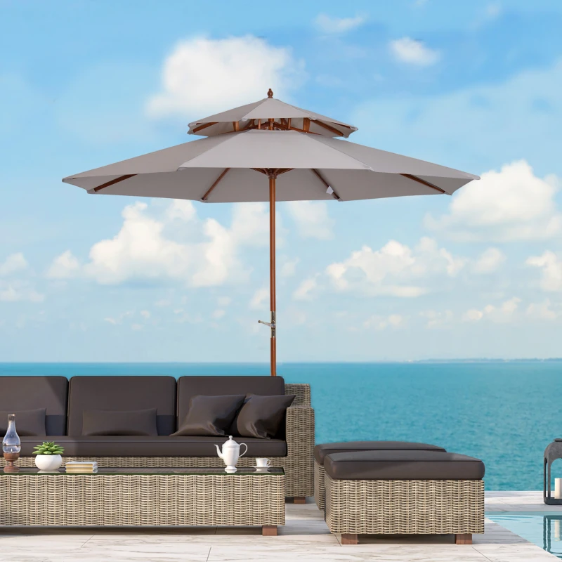 Outsunny Ombrellone Impermeabile Rotondo con Palo Centrale e Camino Antivento, in Legno e Poliestere Grigio, Ø265x264cm