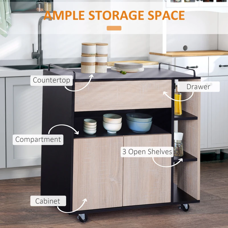 Homcom Dulapior Bucatarie cu Roti – Stejar & Negru, 76.5×40×82 cm