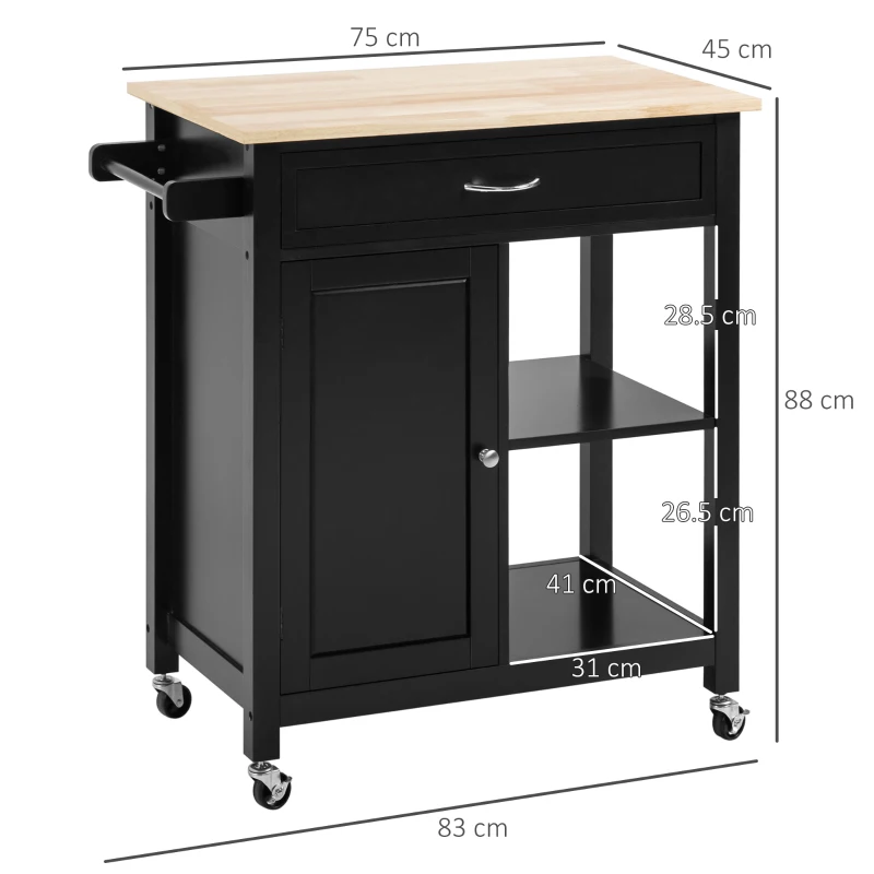 HOMCOM Carucior de Bucatarie din Lemn cu Sertar, Dulapior si Etajere cu Roti, 83x45x88cm, Negru(m-3)