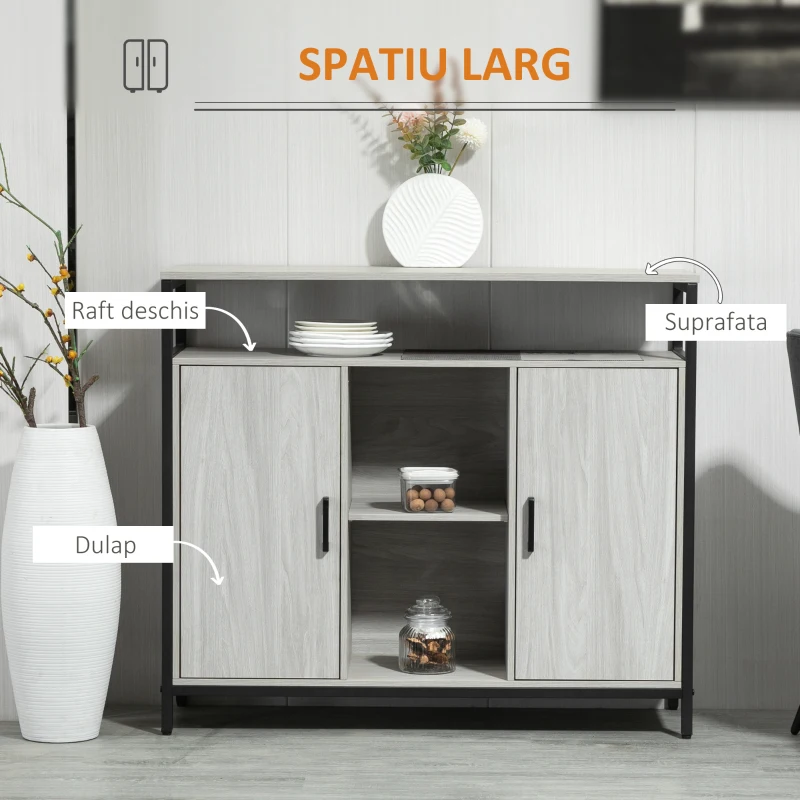 HOMCOM Comoda moderna din lemn cu rafturi, 100x34x87.2cm, gri deschis
