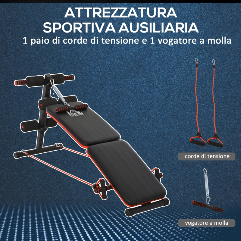 HOMCOM Panca per Addominali Pieghevole e Regolabile con Vogatore e 2 Corde, in Acciaio 51x137x50-66 cm, Nera e Rossa