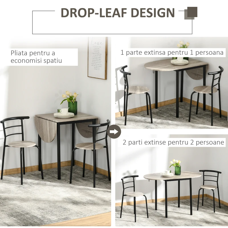 HOMCOM Set de sufragerie din 3 piese cu 2 scaune si 1 masa ovala din MDF si otel pentru spatii limitate, culoarea lemnului(m-5)