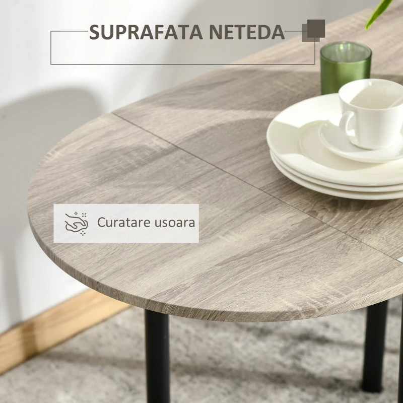 HOMCOM Set de sufragerie din 3 piese cu 2 scaune si 1 masa ovala din MDF si otel pentru spatii limitate, culoarea lemnului(m-7)