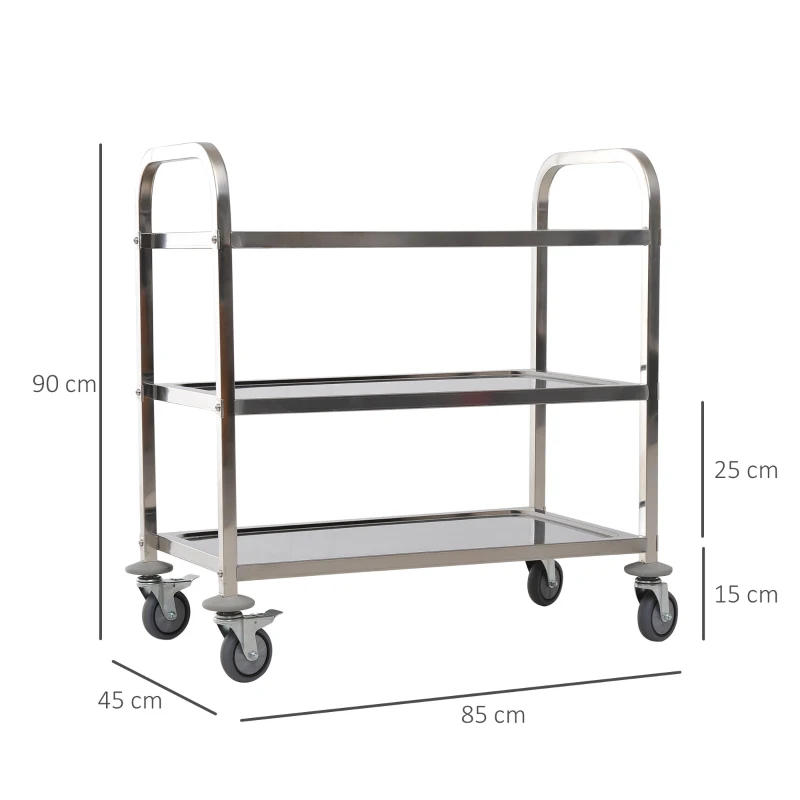 HOMCOM Carucior Pentru Bucatarie 3 Rafturi in Otel Inox 85x45x90cm