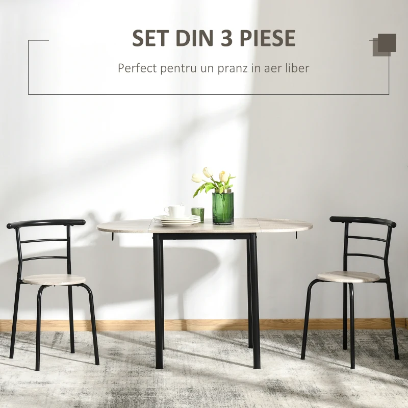 HOMCOM Set de sufragerie din 3 piese cu 2 scaune si 1 masa ovala din MDF si otel pentru spatii limitate, culoarea lemnului(m-4)