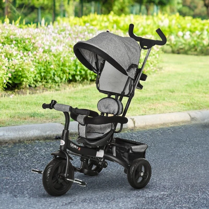 HOMCOM Triciclo para Crianças 2 em 1com capota ajustável acima de 18 Meses cinza 92x51x110cm