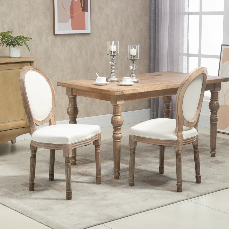 Homcom Set de 2 Scaune Medalion Captusite din Lemn cu Invelis din In Alb Ivory