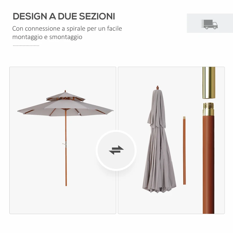 Outsunny Ombrellone Impermeabile Rotondo con Palo Centrale e Camino Antivento, in Legno e Poliestere Grigio, Ø265x264cm