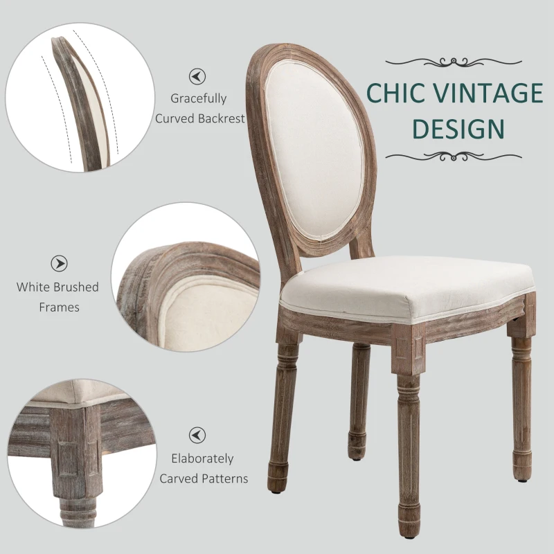 Homcom Set de 2 Scaune Medalion Captusite din Lemn cu Invelis din In Alb Ivory