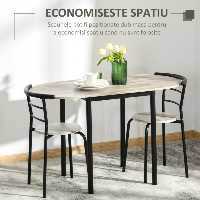 HOMCOM Set de sufragerie din 3 piese cu 2 scaune si 1 masa ovala din MDF si otel pentru spatii limitate, culoarea lemnului(m-6)