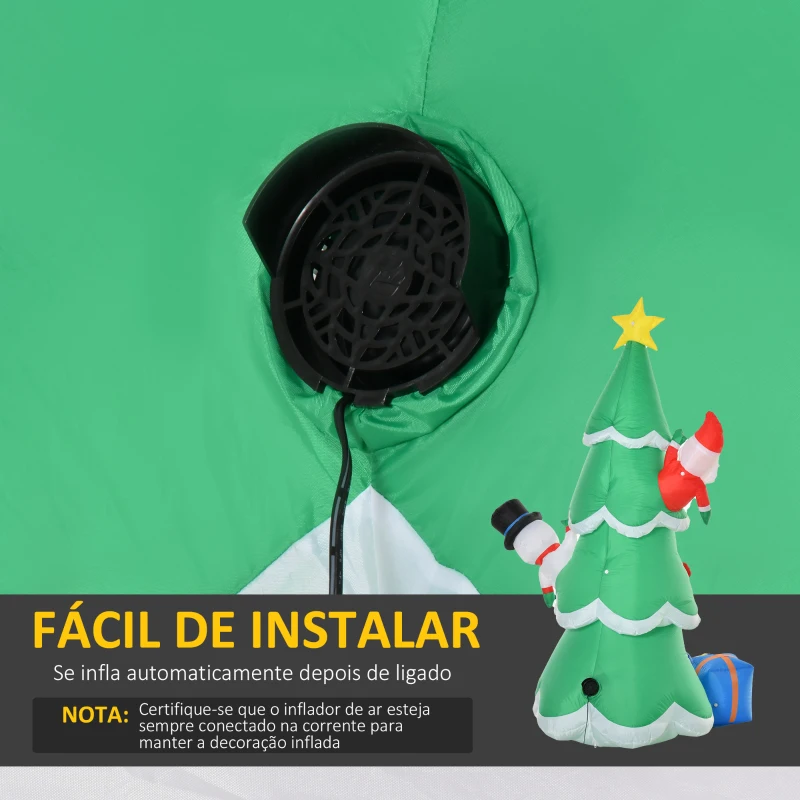 HOMCOM Árvore de Natal Inflável 180cm com Luzes LED Decoração de Pai Natal Boneco de Neve e Presentes com Inflador para Interior e Exterior 115x105x180cm Verde