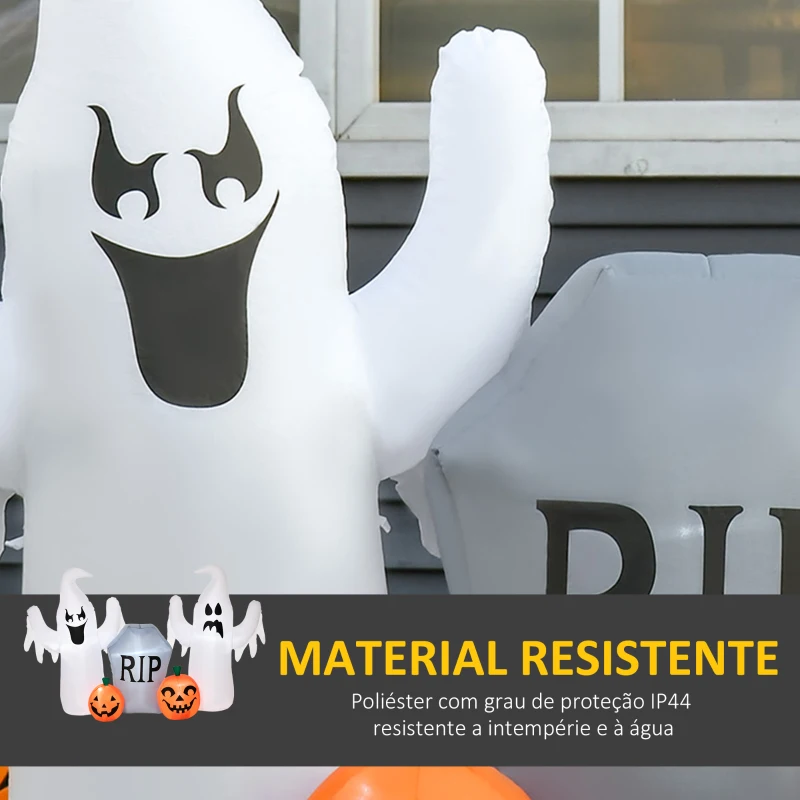 HOMCOM Fantasmas Infláveis de Halloween com Luzes LED Decoração Inflável com Abóbora e Lápida para Interior Exterior 182x57x122cm Multicor