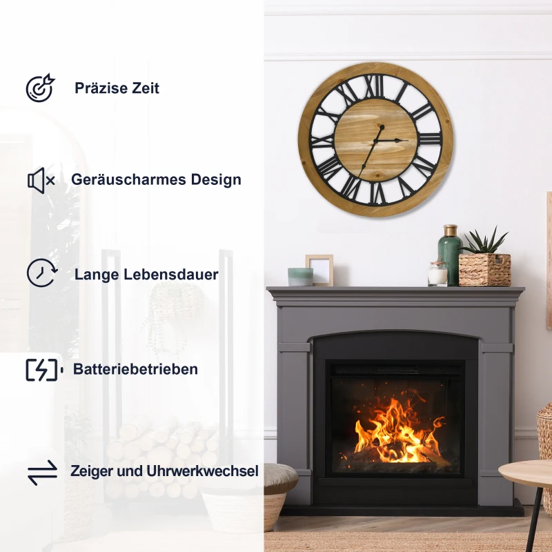 HOMCOM Wanduhr Vintage-Design 60 cm Durchmesser, mit römischen Zahlen, geräuschlos 60 cm x 60 cm x 4 cm Schwarz Natur