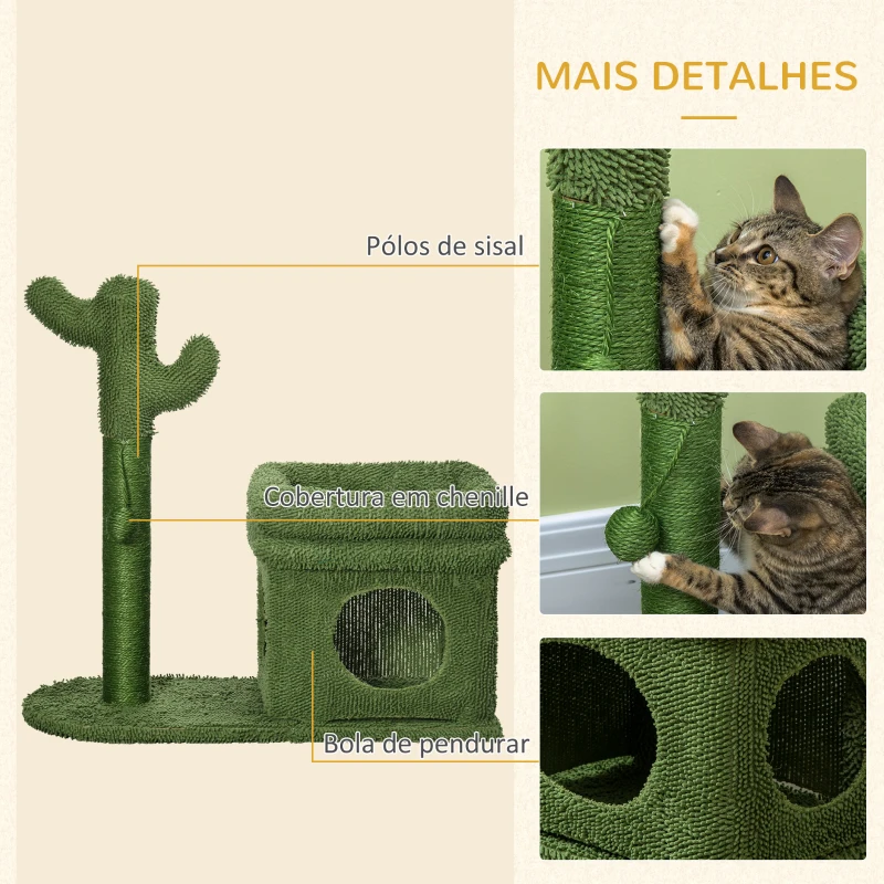 PawHut Árvore Arranhador para Gatos Desenho de Cacto com Cama Casa de Pelúcia Poste de Sisal e Bola Suspensa 68x30x67cm Verde