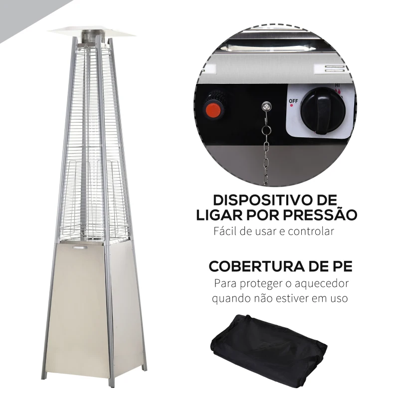 Outsunny Aquecedor a Gás para Exterior Pirâmide 10,5KW Aquecedor de Exterior de Propano Aço Inoxidável com Funda Protetora Regulador Mangueira e Rodas Ø49,5x227cm Prata