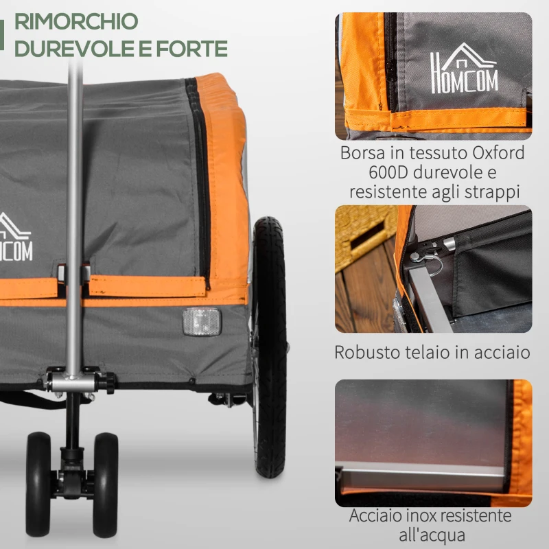 HOMCOM Rimorchio Bici in Acciaio con Ruote e Sacca per Bagagli in Tessuto Oxford, 130x64x60/97 cm