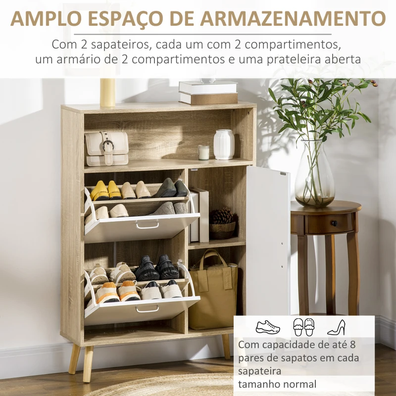HOMCOM Sapateira para 8 Pares de Sapatos com 2 Gavetas Prateleira Aberta e Porta 80x25,5x112,5cm Madeira e Branco