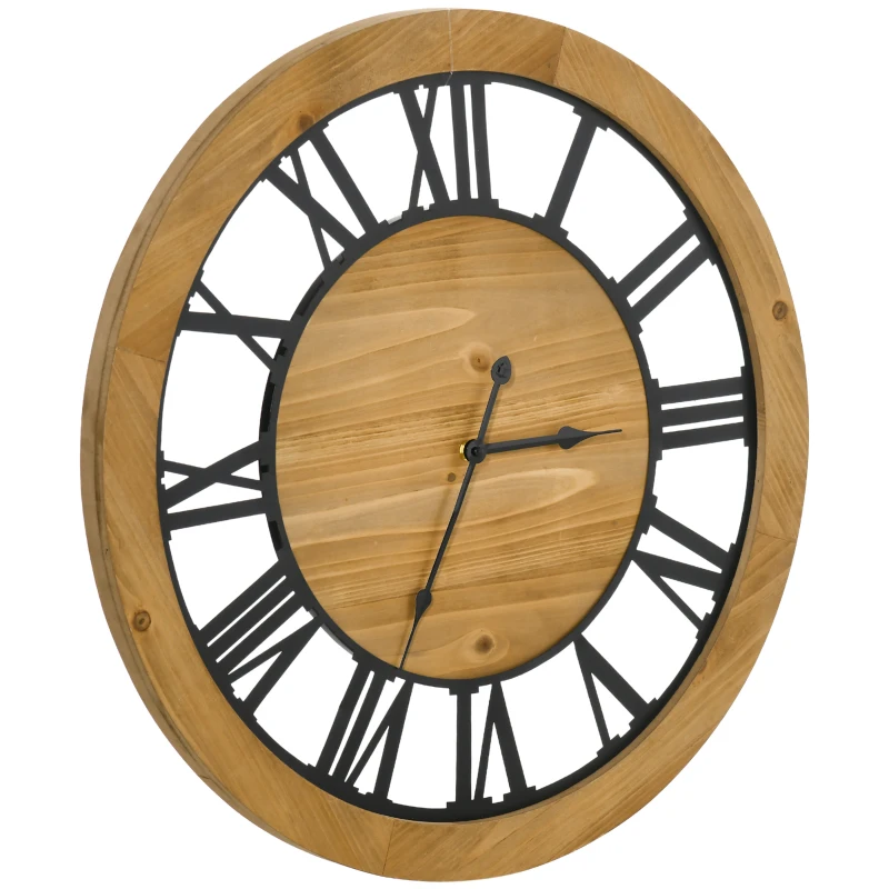 HOMCOM wandklok 60 cm met Romeinse cijfers, vintage designklok, geruisloze decoratie voor woonkamer, keuken, metaal, dennenhout, zwart+naturel