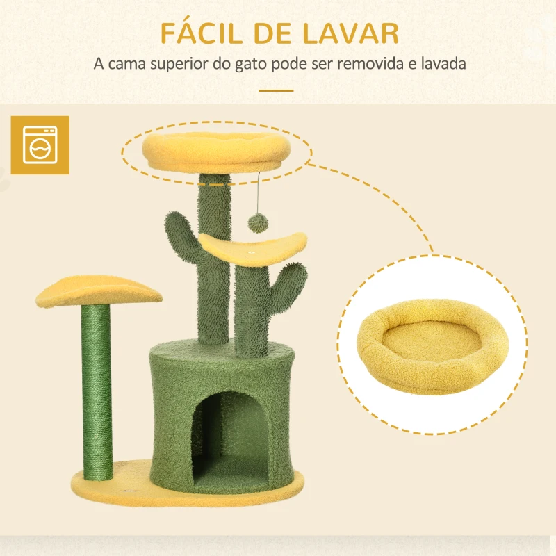 PawHut Árvore Arranhador para Gatos em Forma de Cacto com Casa de Pelúcia Plataformas Postes de Sisal 54x39x83cm Amarelo Verde