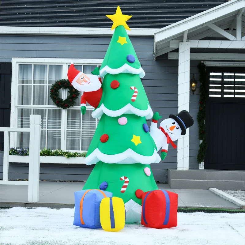 HOMCOM Árvore de Natal Inflável 180cm com Luzes LED Decoração de Pai Natal Boneco de Neve e Presentes com Inflador para Interior e Exterior 115x105x180cm Verde