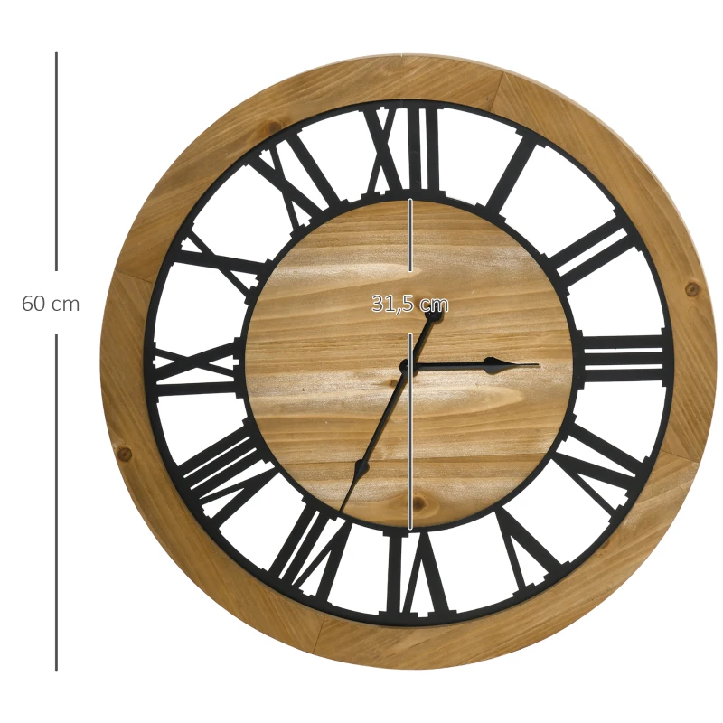 HOMCOM Wanduhr Vintage-Design 60 cm Durchmesser, mit römischen Zahlen, geräuschlos 60 cm x 60 cm x 4 cm Schwarz Natur