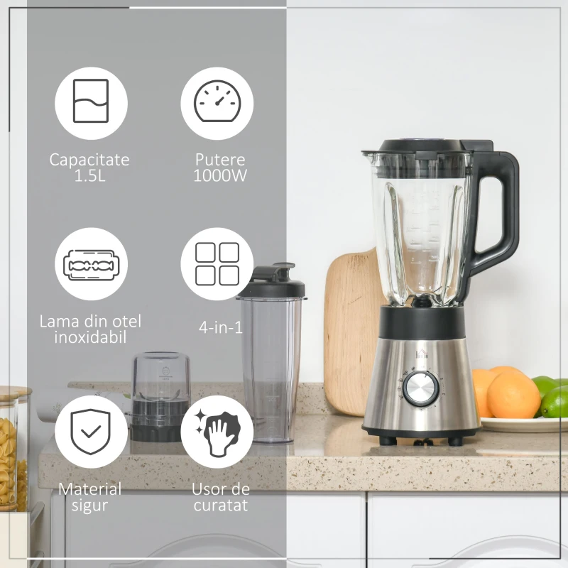 HOMCOM Blender Electric Multifunctional 4 in 1 Smoothie Maker si Masina de Tocat cu Pahar de 1.5L