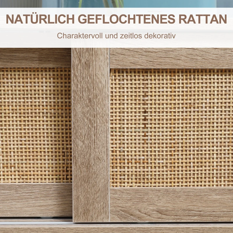 HOMCOM Couchtisch in Wienergeflecht-Optik mit offenen Schrankfächern und Schiebetüren 120 cm x 50 cm x 42,5 cm Natur