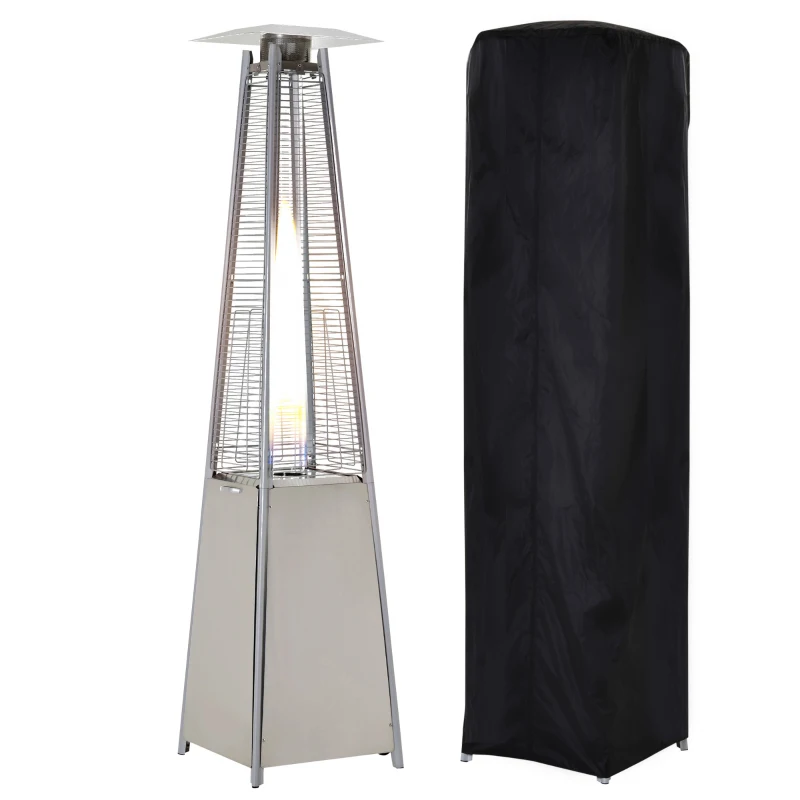 Outsunny Aquecedor a Gás para Exterior Pirâmide 10,5KW Aquecedor de Exterior de Propano Aço Inoxidável com Funda Protetora Regulador Mangueira e Rodas Ø49,5x227cm Prata