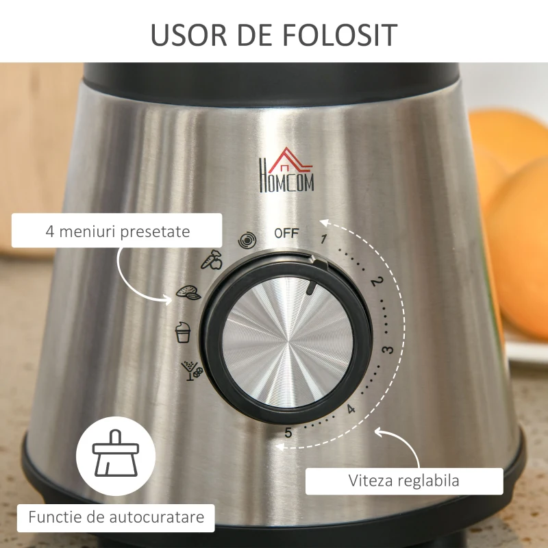 HOMCOM Blender Electric Multifunctional 4 in 1 Smoothie Maker si Masina de Tocat cu Pahar de 1.5L
