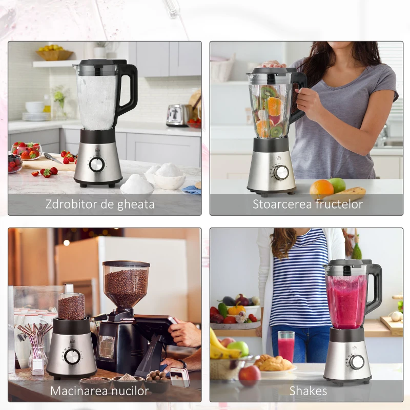 HOMCOM Blender Electric Multifunctional 4 in 1 Smoothie Maker si Masina de Tocat cu Pahar de 1.5L