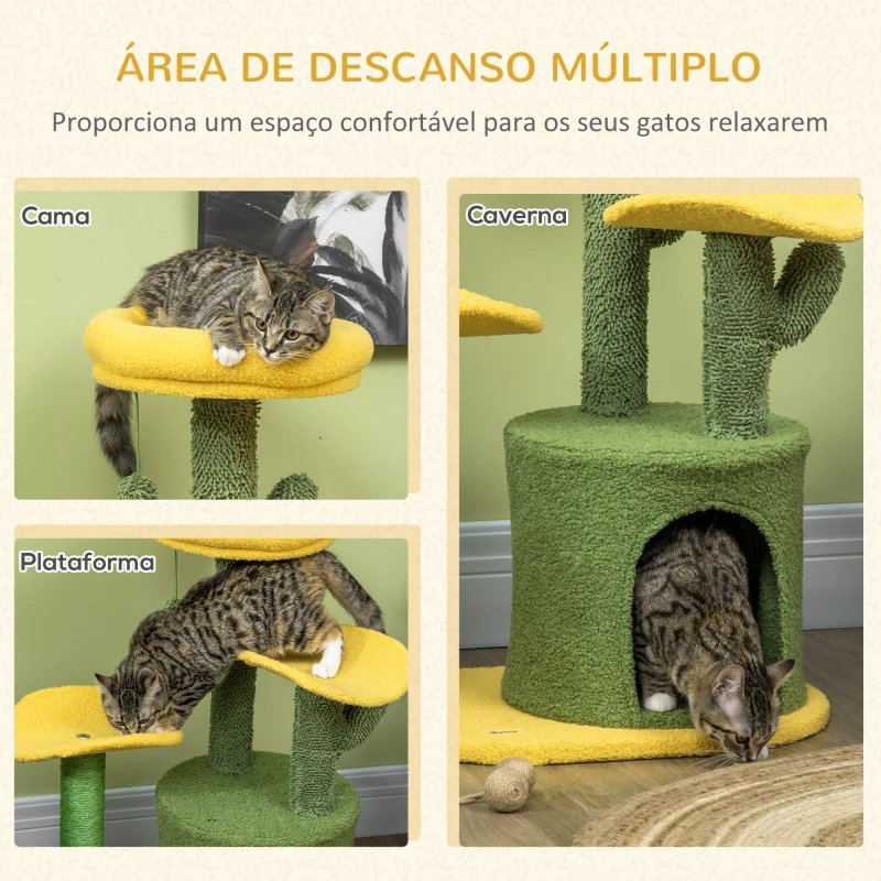 PawHut Árvore Arranhador para Gatos em Forma de Cacto com Casa de Pelúcia Plataformas Postes de Sisal 54x39x83cm Amarelo Verde