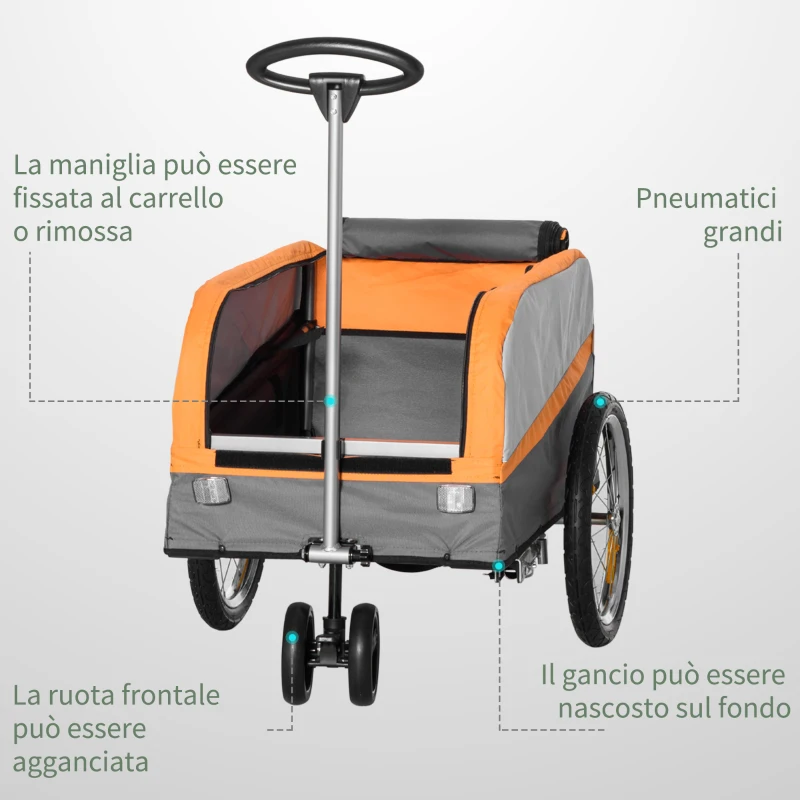HOMCOM Rimorchio Bici in Acciaio con Ruote e Sacca per Bagagli in Tessuto Oxford, 130x64x60/97 cm
