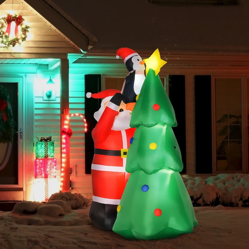 HOMCOM Árvore de Natal Inflável 184cm com Luzes LED Decoração de Natal Inflável com Pai Natal e Pinguim para Festas Interiores e Exteriores 123x80x184cm Multicor