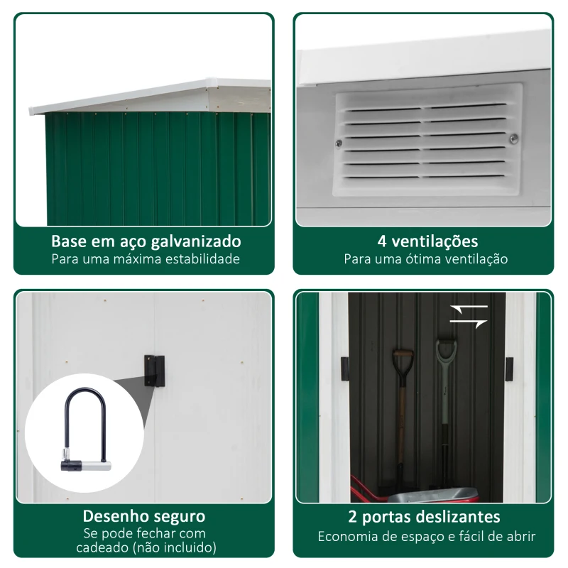 Outsunny Abrigo de Jardim 280x130x172cm Abrigo de Exterior de Aço Galvanizado com Porta Corredeira e Ventilações Verde