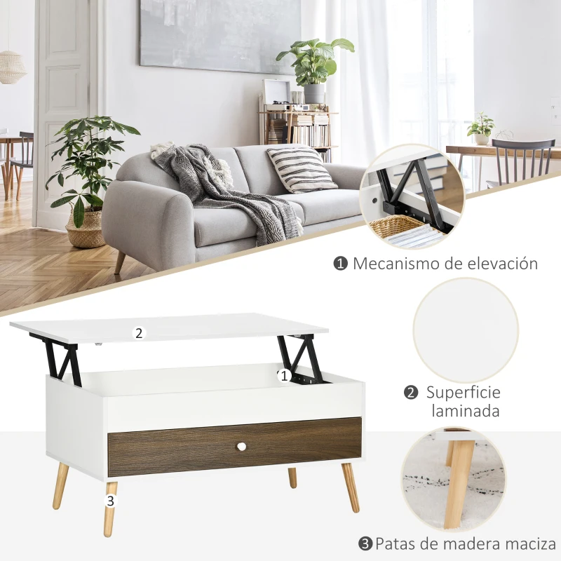 HOMCOM Mesa de Centro Elevable con Almacenamiento Oculto y Cajón para Oficina Estudio 100x50x49-62 cm Blanco y Roble