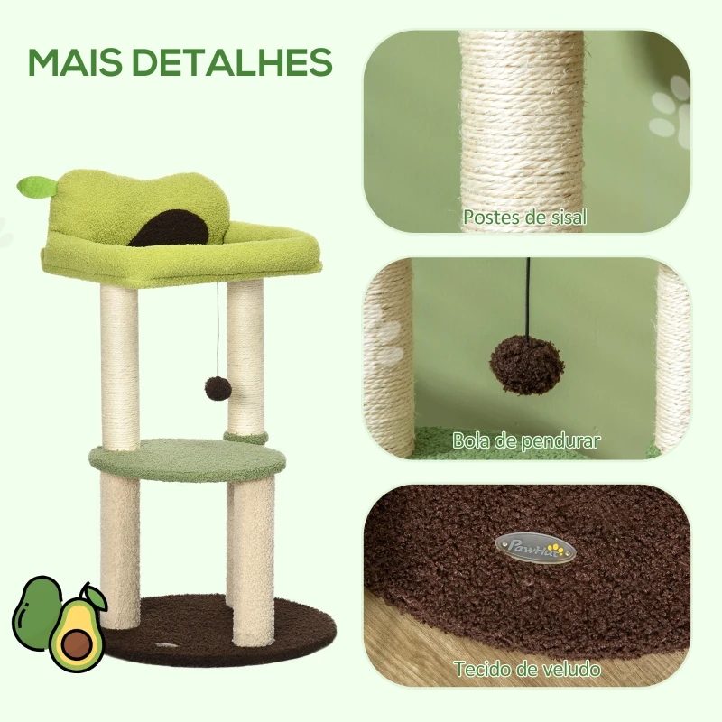 PawHut Árvore Arranhador para Gatos com Cama em Forma de Abacate Plataforma Postes de Sisal e Bola Suspensa Ø44x83cm Verde