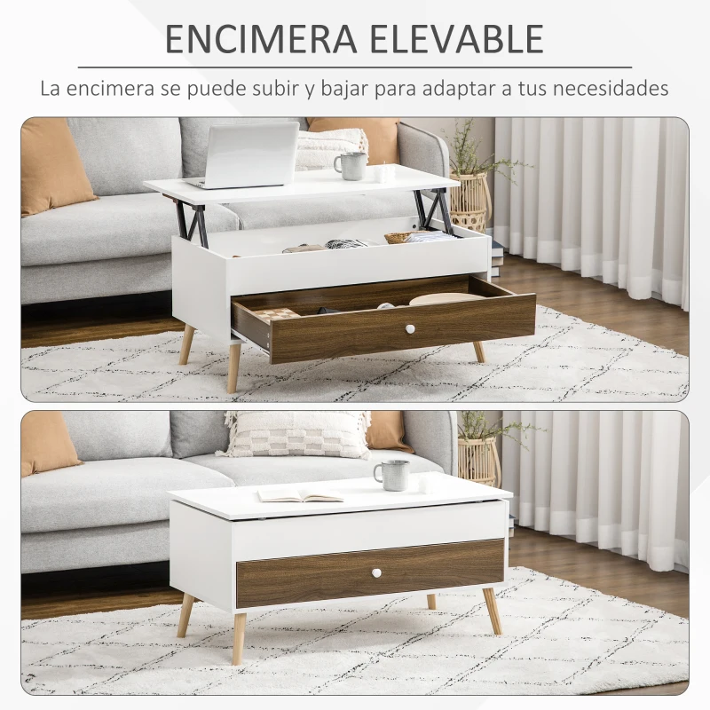HOMCOM Mesa de Centro Elevable con Almacenamiento Oculto y Cajón para Oficina Estudio 100x50x49-62 cm Blanco y Roble