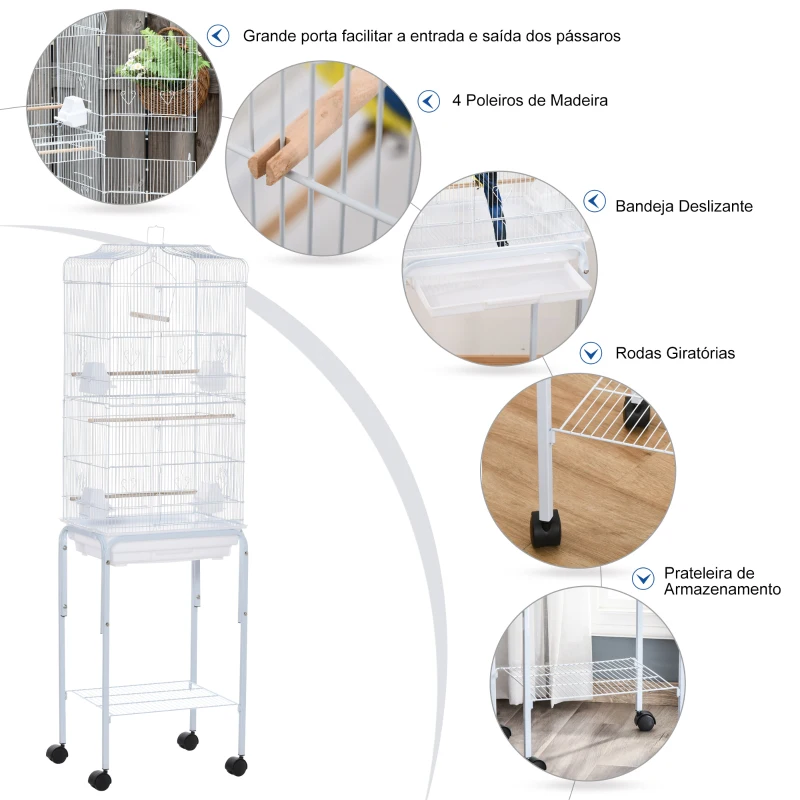 PawHut Gaiola para Passáros com Suporte  com 4 Rodas Portas 4 Comedouros 3 Poleiros e Bandeja Removível 46,5x36x157cm Branco