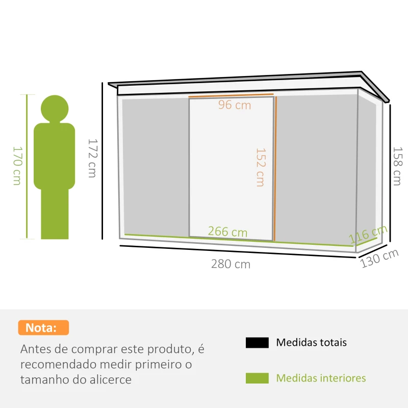 Outsunny Abrigo de Jardim 280x130x172cm Abrigo de Exterior de Aço Galvanizado com Porta Corredeira e Ventilações Verde