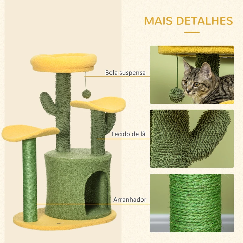 PawHut Árvore Arranhador para Gatos em Forma de Cacto com Casa de Pelúcia Plataformas Postes de Sisal 54x39x83cm Amarelo Verde