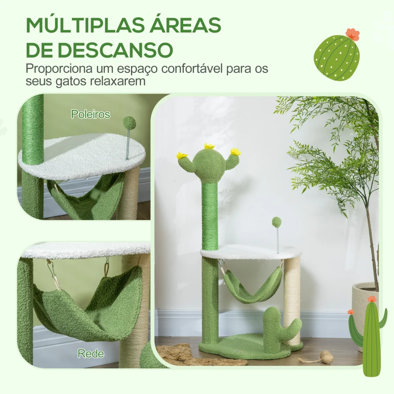 PawHut Árvore Arranhador para Gatos com Forma de Cacto com Rede Plataforma Postes de Sisal e Bola Divertida 45x45x90cm Verde